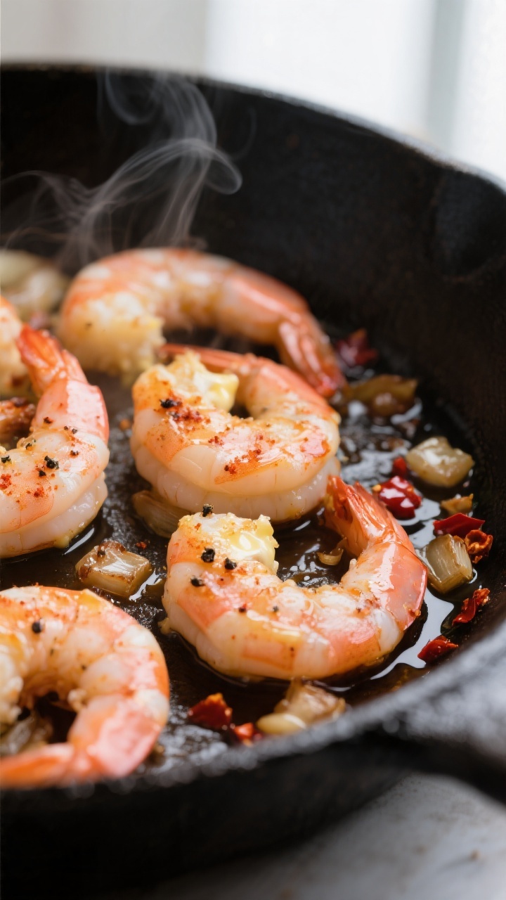 Close-up detail: Butter-seared large shrimp just cooked to pink and opaque in a black cast-iron skil