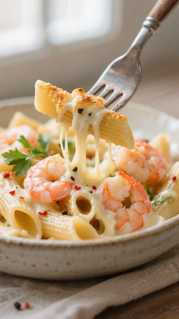 Close-up detail: Fork-twirled penne coated in glossy Alfredo sauce with seared pink shrimp nestled b