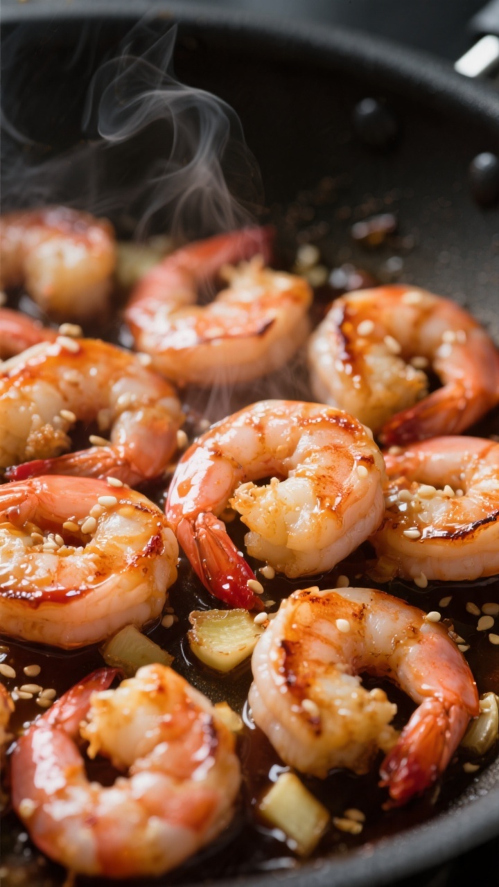 Close-up detail: Glossy honey sriracha shrimp just tossed in the skillet, sauce clinging to curled p