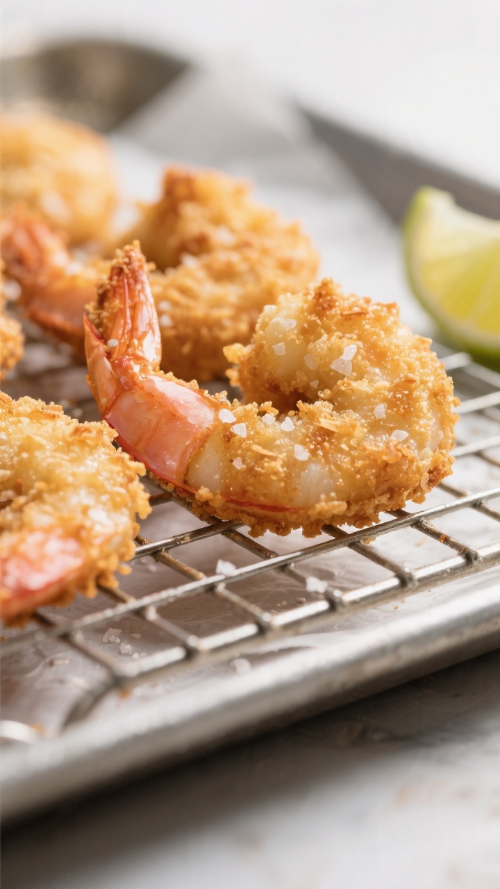 Close-up detail: Golden-brown coconut shrimp just out of the pan, crust glistening with toasted unsw