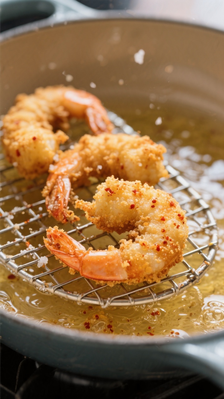 Close-up detail: Golden fried shrimp just lifted from hot oil and resting on a wire rack, cornmeal-f