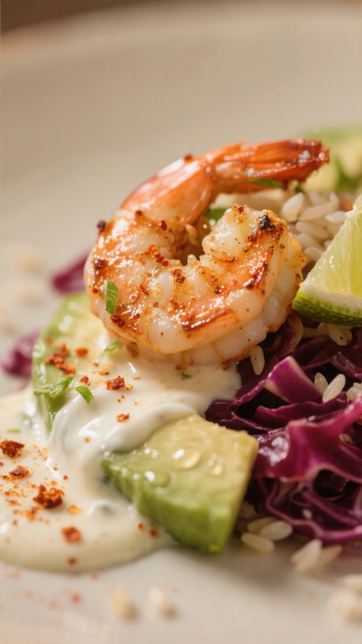 Close-up detail — Macro close-up of seared shrimp nestled against creamy avocado and crunchy red c