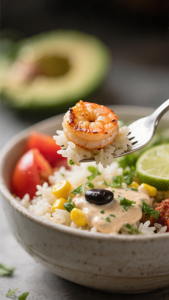 Close-up detail: Tight macro of a single forkful hovering over the bowl—juicy shrimp with light se