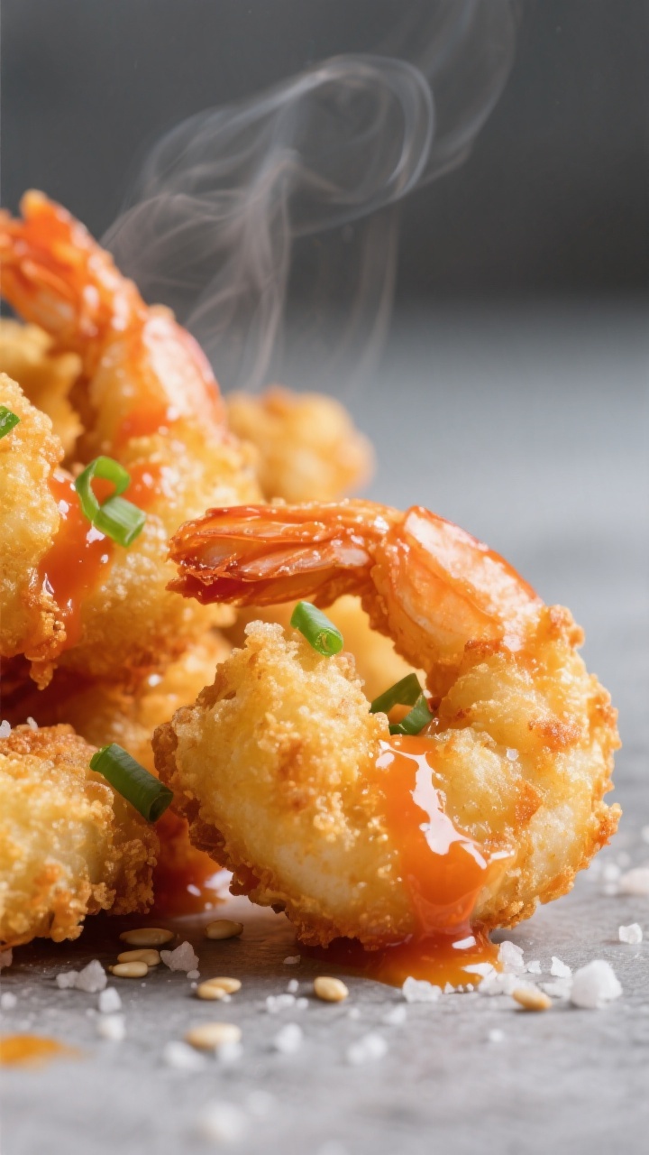 Close-up detail: Ultra-crisp Bang Bang Shrimp just out of the fryer, golden cornstarch crust glisten