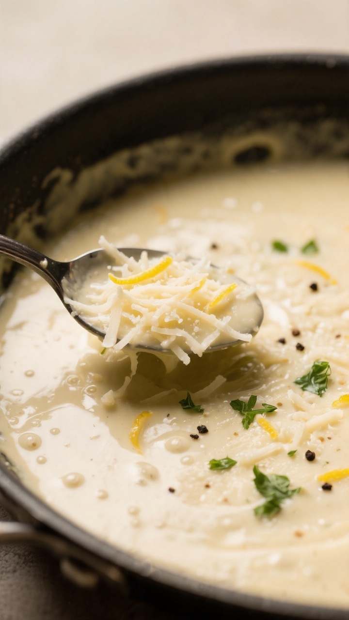 Close-up sauce detail: Silky creamy garlic parmesan sauce in the pan just after cheese has been whis