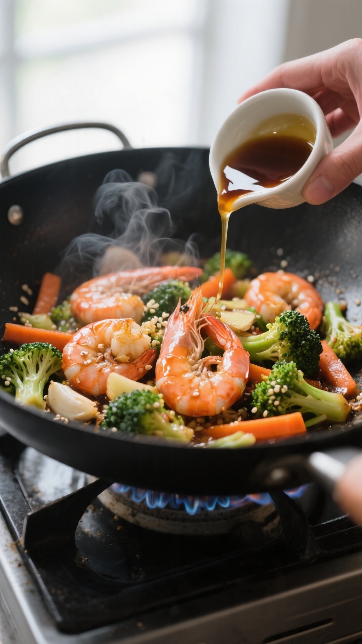 Cooking process, action close-up: Glossy teriyaki shrimp and vegetables sizzling in a black wok over