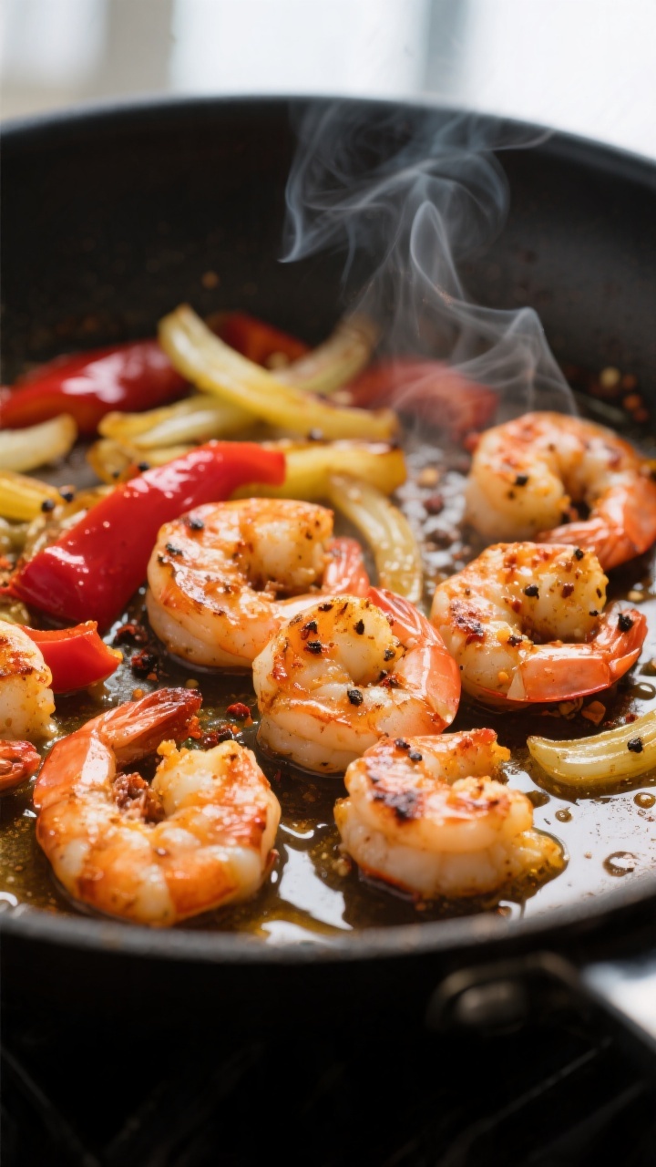 Cooking process — Cajun shrimp sear: Close-up of sizzling, cooked Cajun-seasoned shrimp in a large