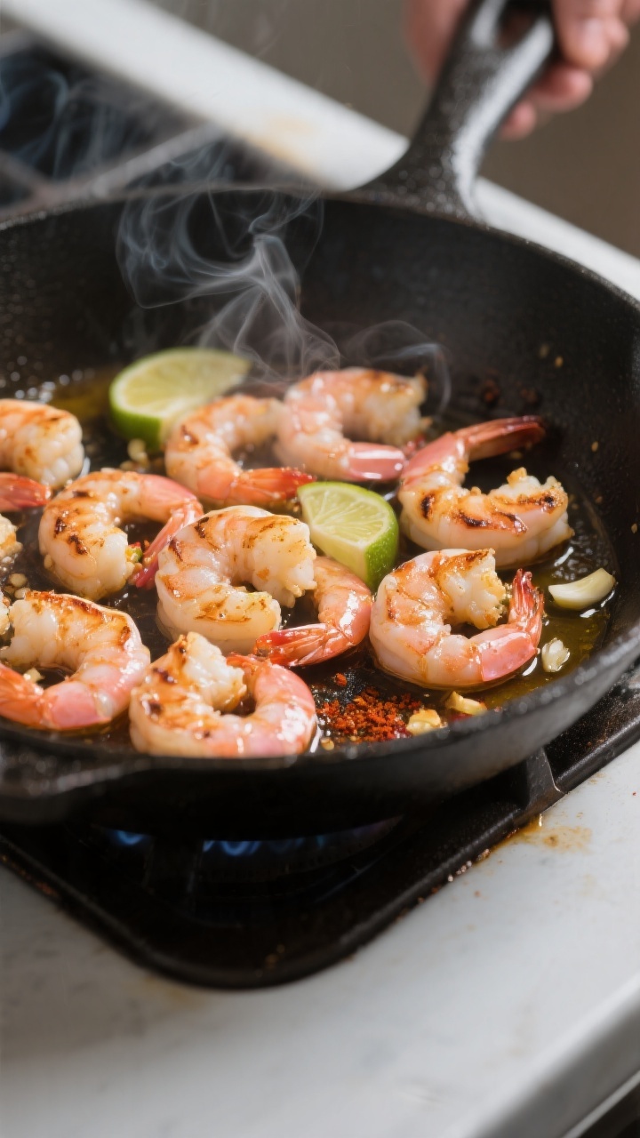 Cooking process — Chili-lime shrimp searing in a large skillet over medium-high heat, arranged in 