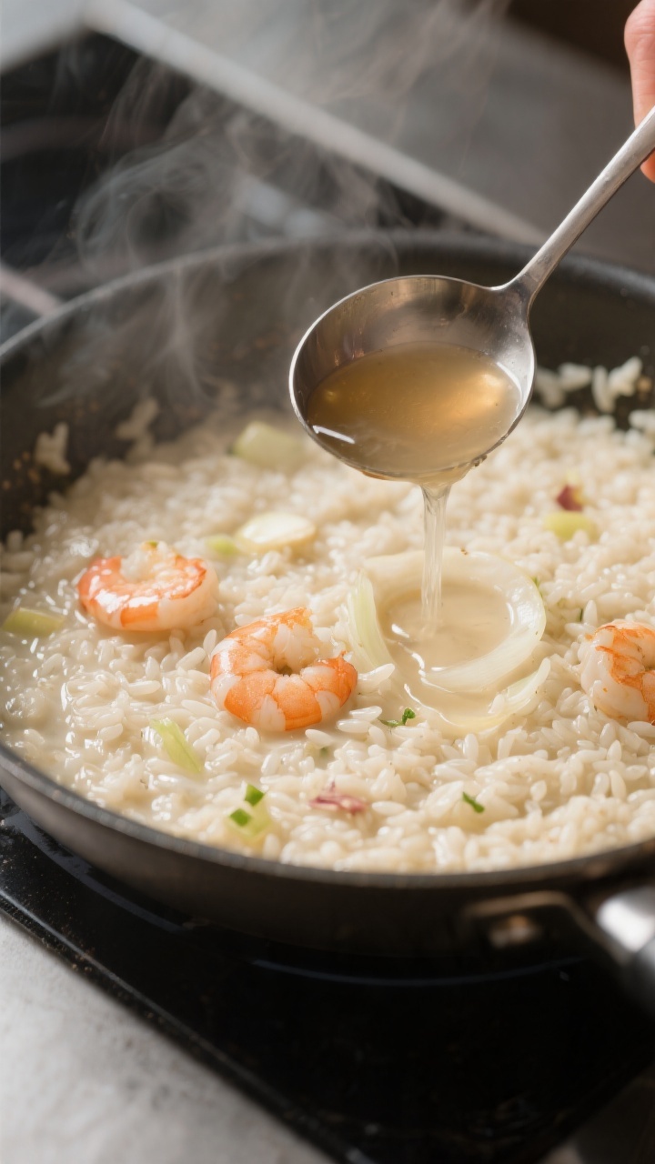 Cooking process, close-up: Creamy shrimp risotto mid-cook in a wide, heavy-bottomed skillet, rice gr