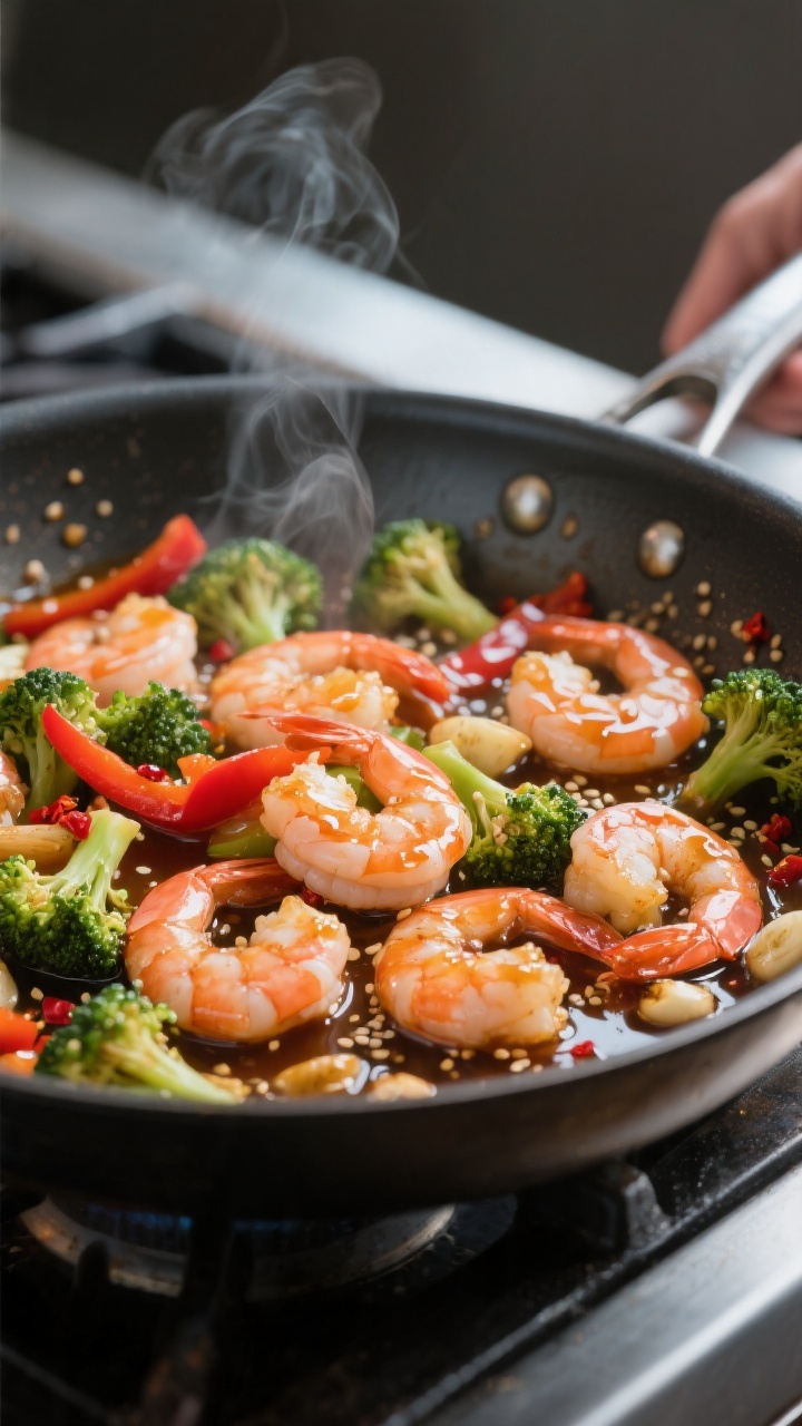 Cooking process, close-up detail: Honey garlic shrimp sizzling in a large skillet, shrimp just turne