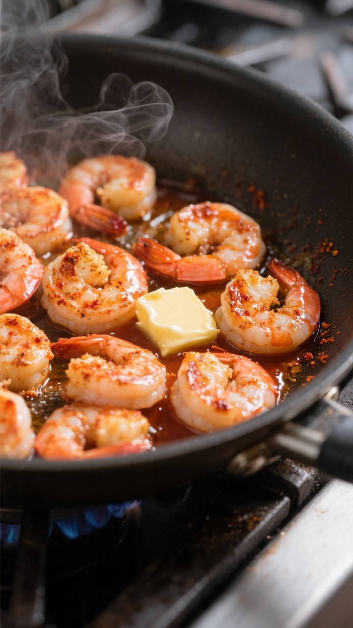 Cooking process, close-up detail: Searing buffalo-seasoned shrimp in a large skillet over medium-hig
