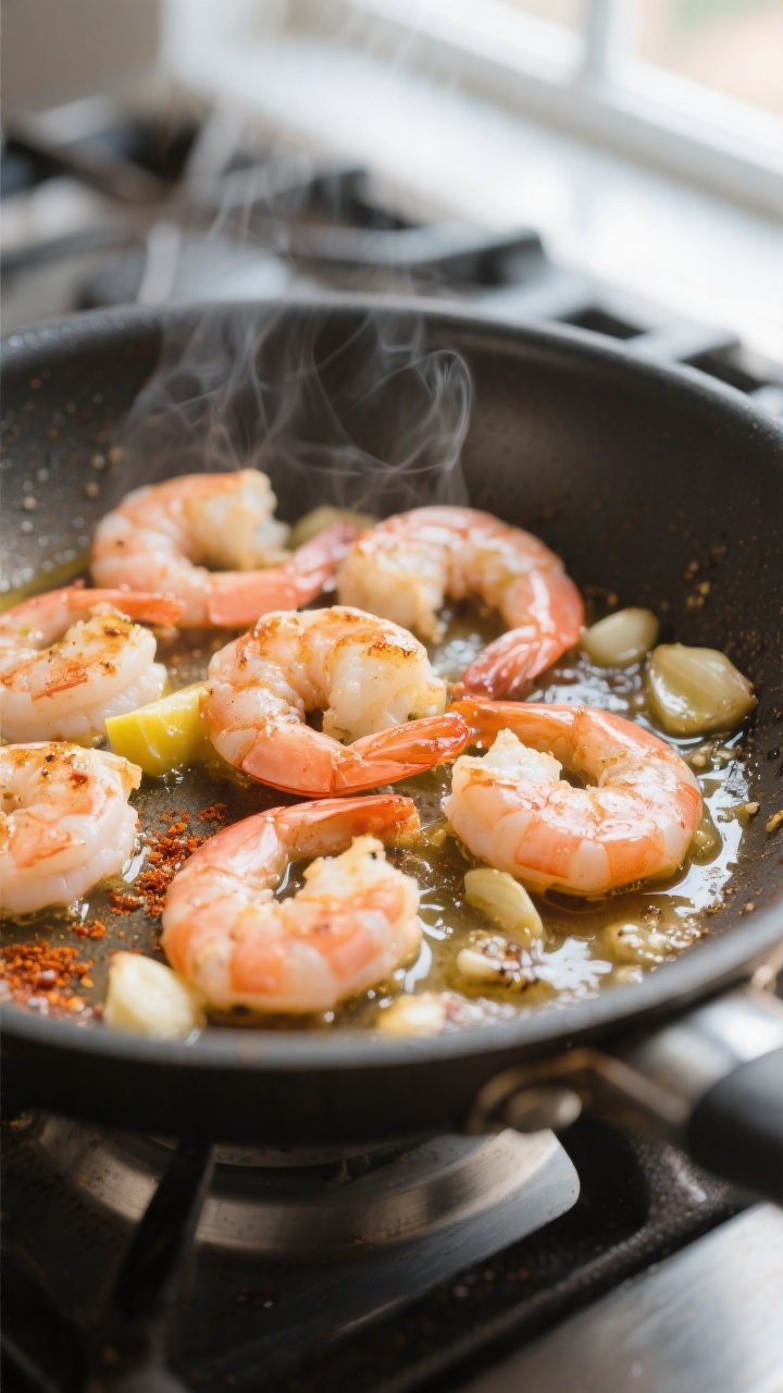 Cooking process, close-up detail: Searing garlicky shrimp in a stainless skillet, shrimp just turned