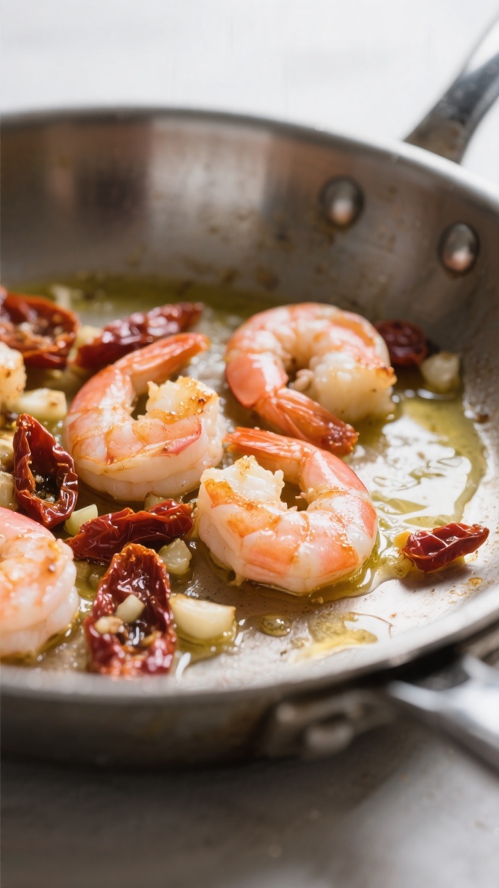 Cooking process, close-up detail: Searing large shrimp in a wide stainless skillet, just turned pink