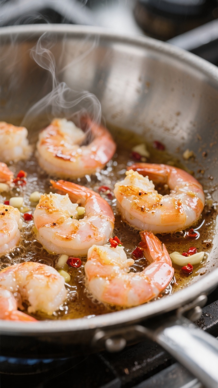 Cooking process, close-up detail: Searing seasoned large shrimp in a stainless-steel skillet, shrimp