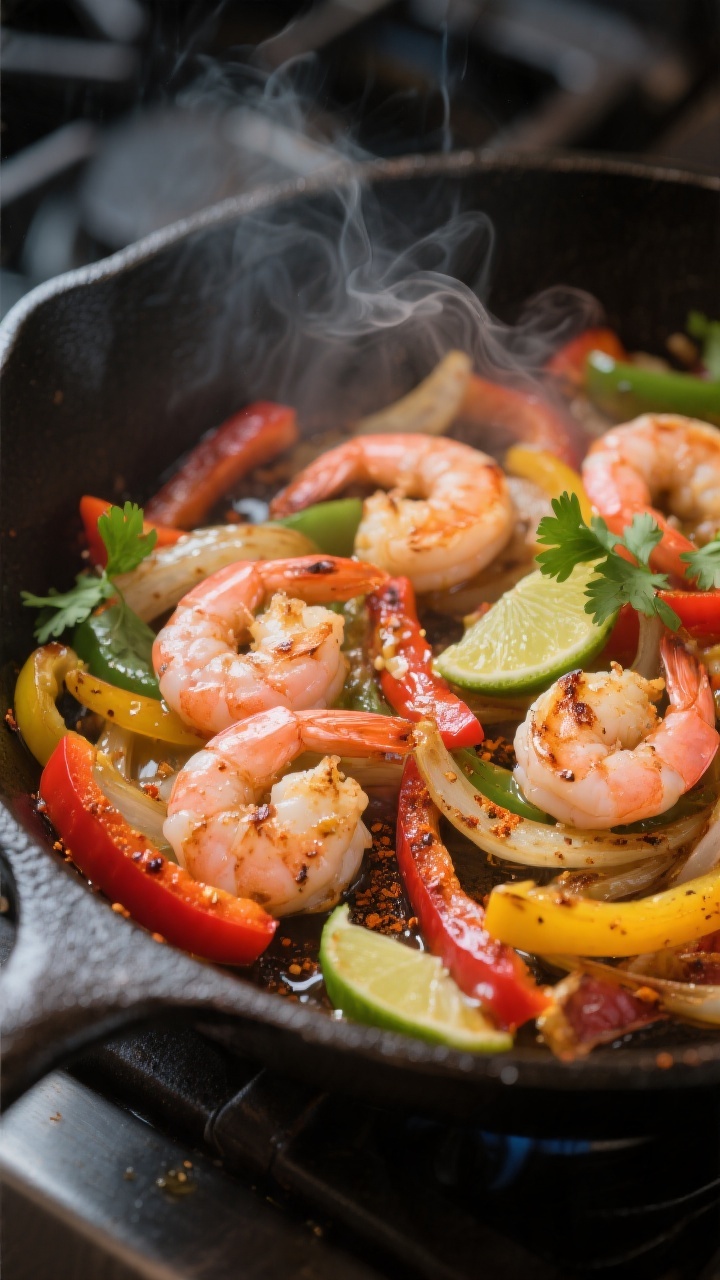 Cooking process, close-up detail: Sizzling shrimp fajitas mid-cook in a large cast-iron skillet, sho