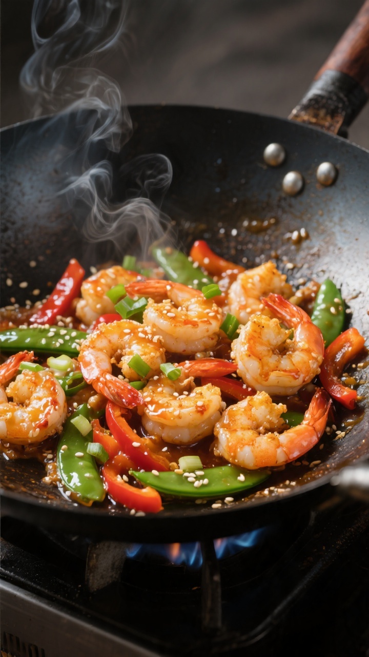 Cooking process, close-up sear: Close-up of sweet chili shrimp searing in a wok over medium-high hea