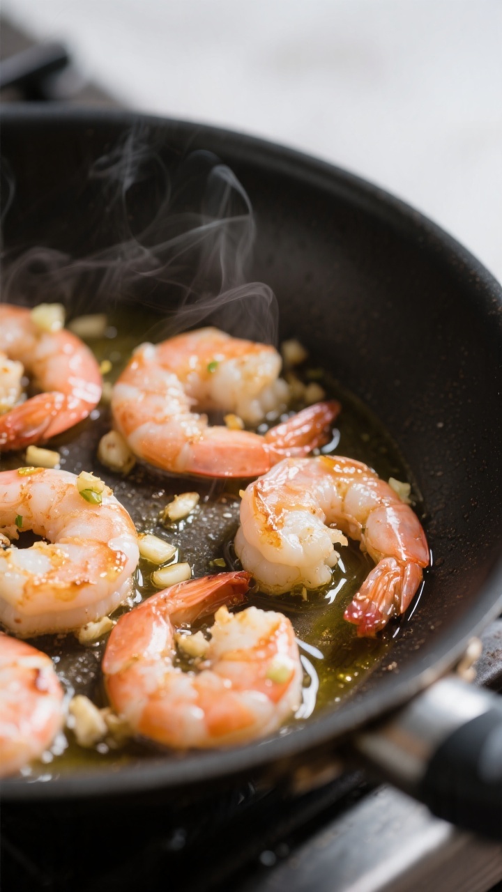 Cooking process close-up: Searing garlic-marinated shrimp in a hot skillet, shrimp just turned pink 