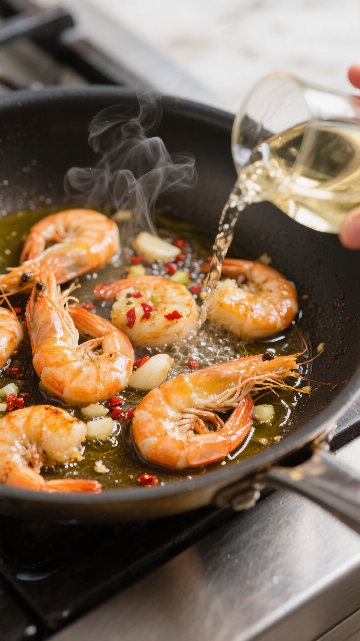 Cooking process close-up: Searing large shrimp in a hot skillet, lightly golden and just opaque, tos