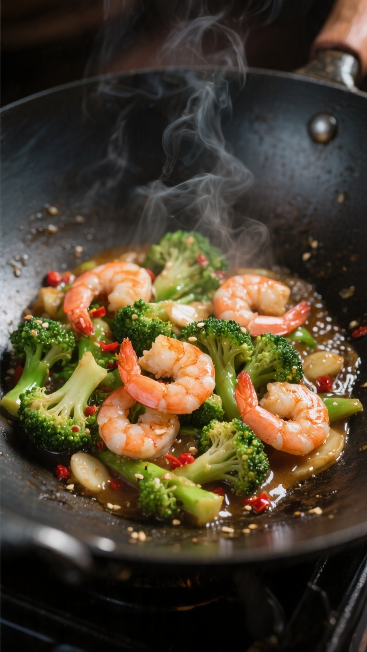 Cooking process close-up: Shrimp and broccoli stir fry sizzling in a carbon steel wok over medium-hi