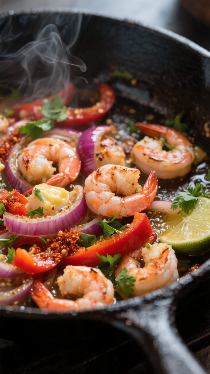 Cooking process close-up: Shrimp and thinly sliced red onion and bell pepper sizzling in a cast-iron