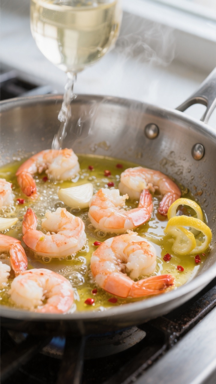 Cooking process close-up: Shrimp scampi in a stainless steel skillet mid-cook, shrimp just turned op