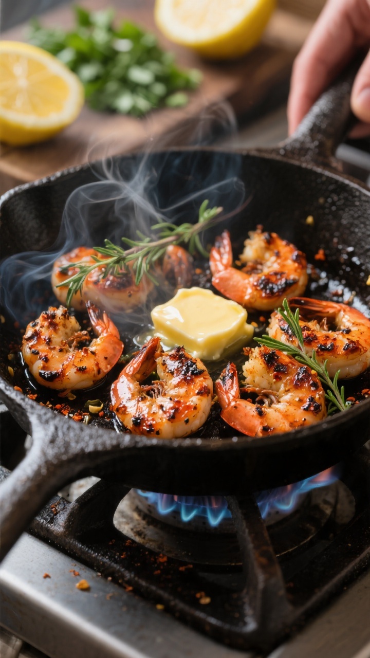 Cooking process close-up: Sizzling blackened shrimp in a well-seasoned cast-iron skillet over medium