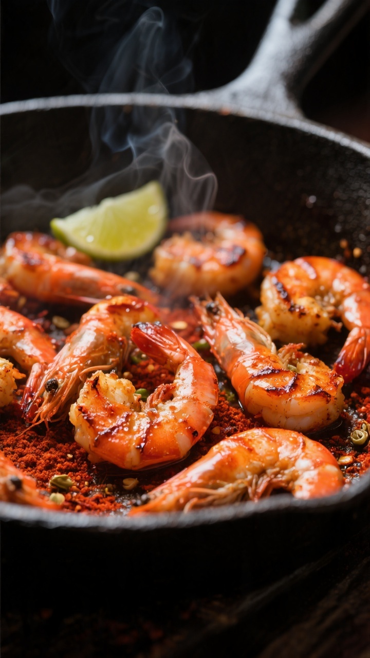 Cooking process close-up: Sizzling spicy shrimp in a hot cast-iron skillet, coated in a deep red-ora