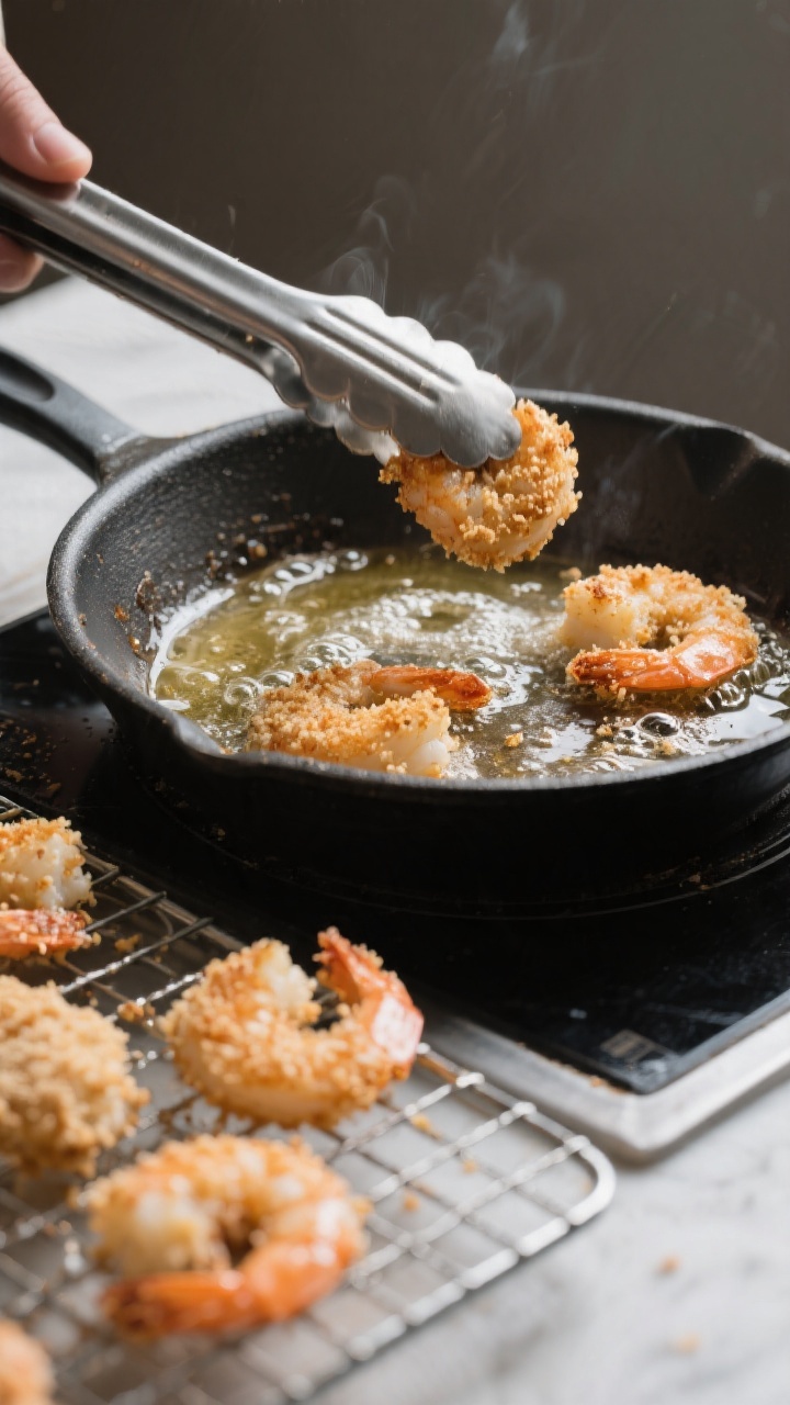 Cooking process: Coconut-panko–crusted shrimp sizzling in a skillet with a shallow layer of neutra