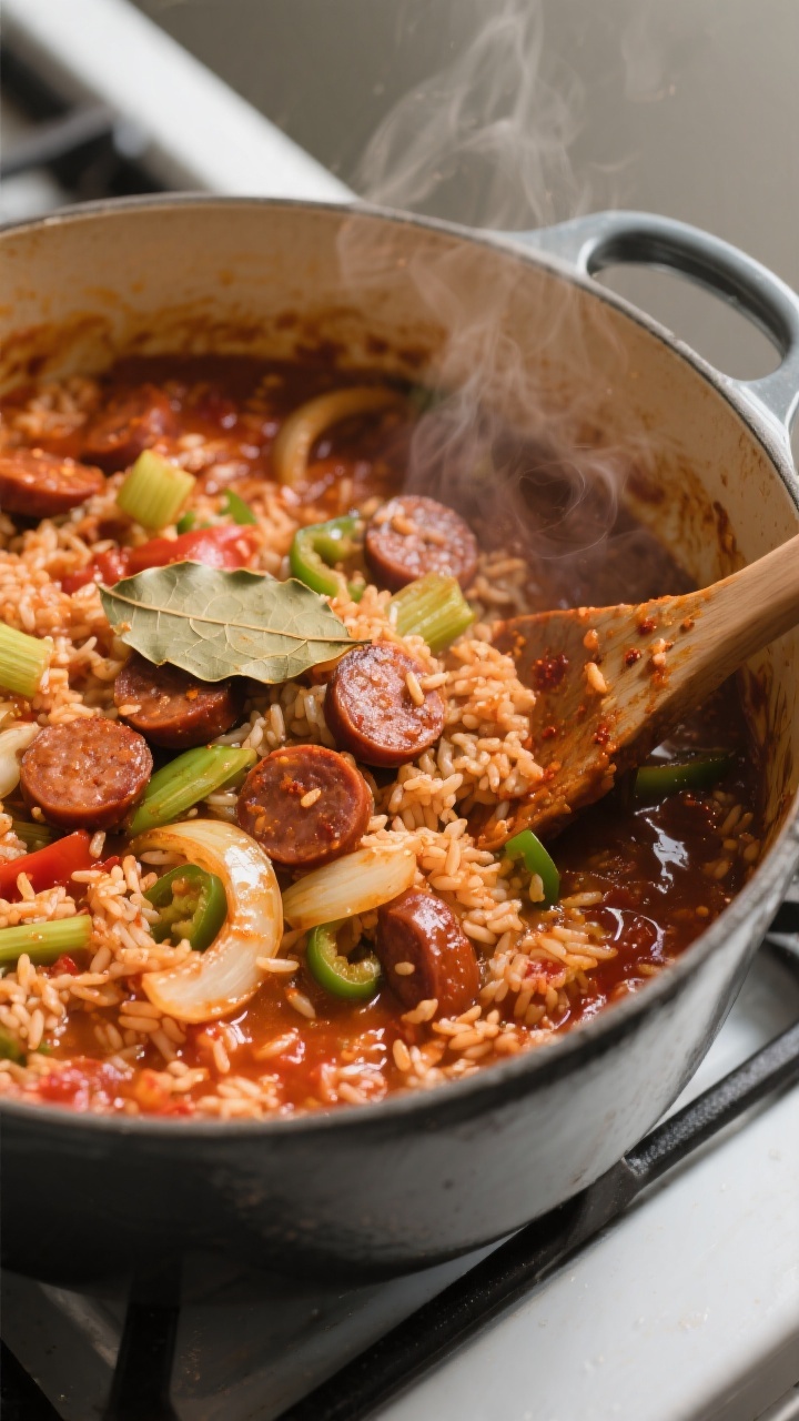 Cooking process, mid-simmer: Close-up of jambalaya simmering in a heavy Dutch oven, showing glossy t