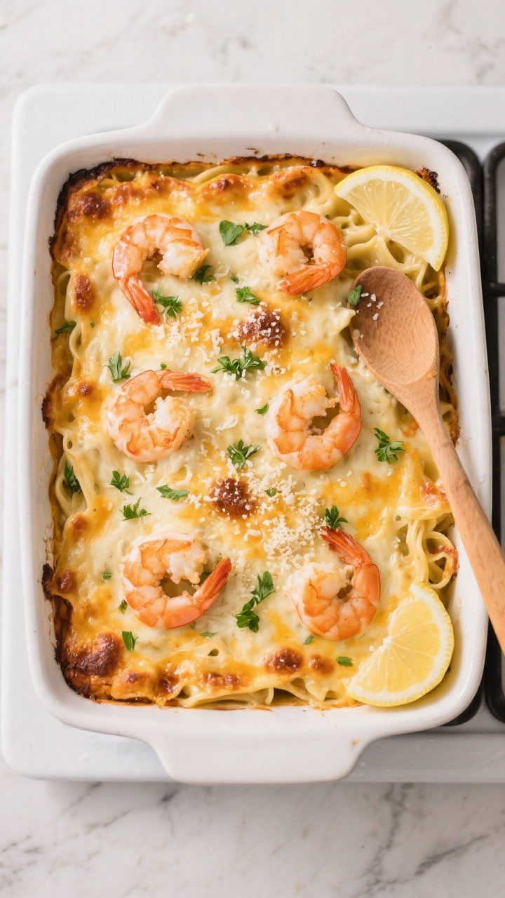 Cooking process: Overhead shot of the assembled Shrimp Alfredo Bake just out of the oven in a 9x13 w