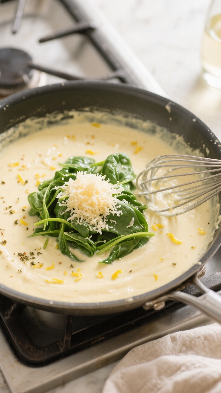 Cooking process: Overhead shot of the creamy lemon-Parmesan sauce being built in the same skillet—