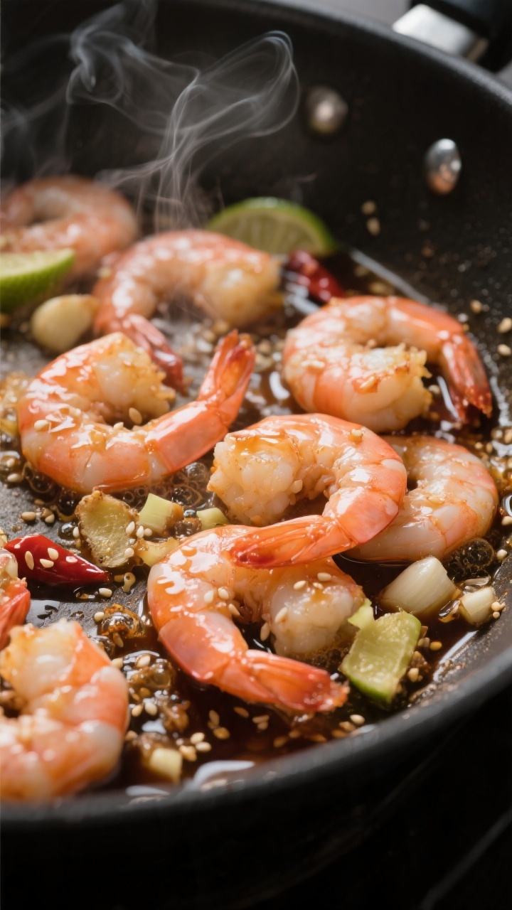 Cooking process — Sautéed shrimp getting glazed: Mid-action close-up of plump, pink shrimp in a l