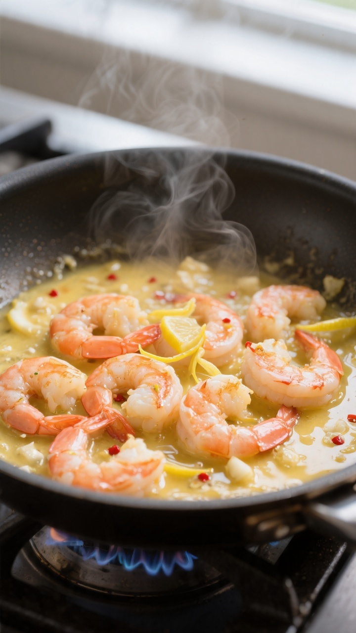 Cooking process: Searing lemon-butter shrimp in a large skillet over medium-high heat, shrimp just t