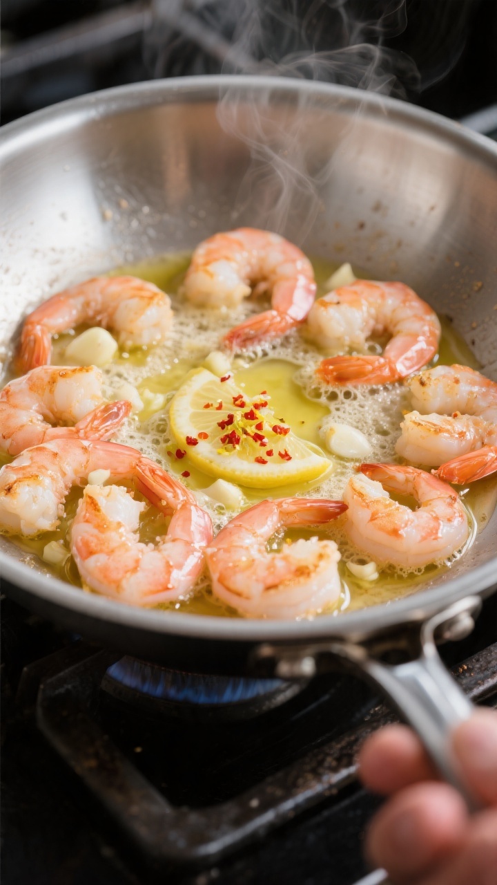 Cooking process — Shrimp sear and garlic butter bloom: Close-up of just-cooked pink shrimp in a la