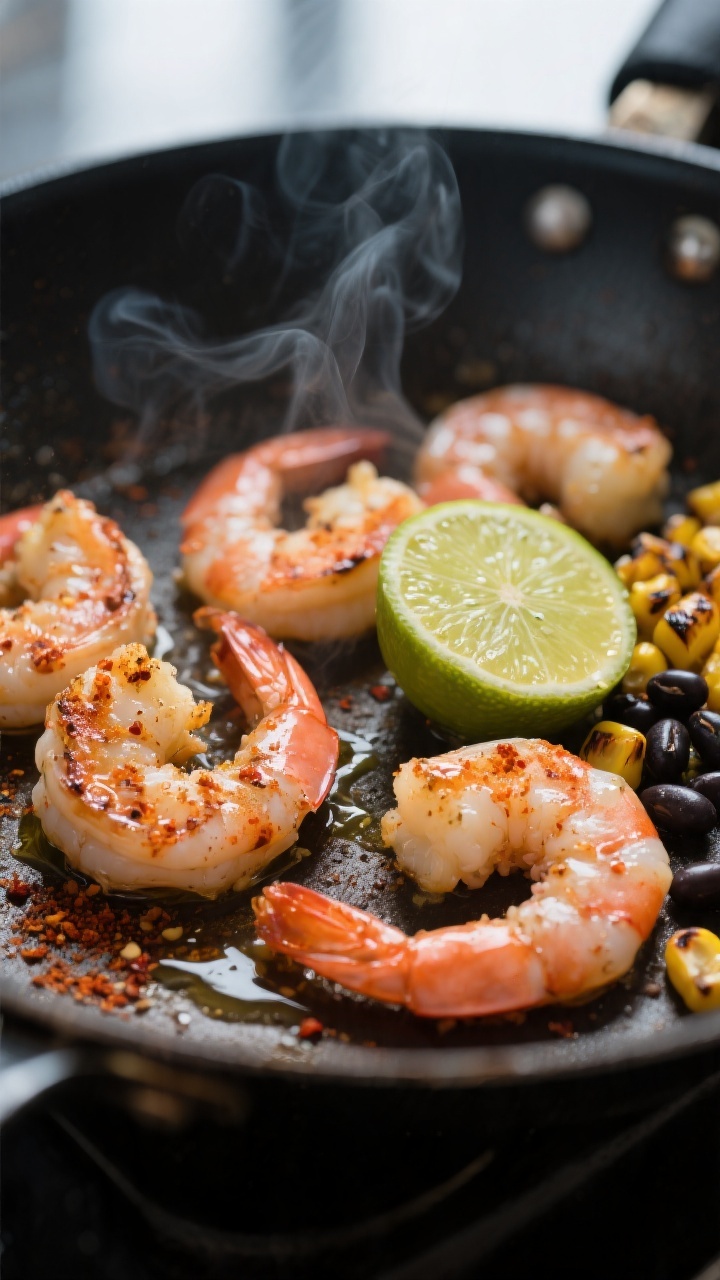Cooking process: Spiced shrimp searing in a hot skillet, close-up of shrimp just turning pink and op