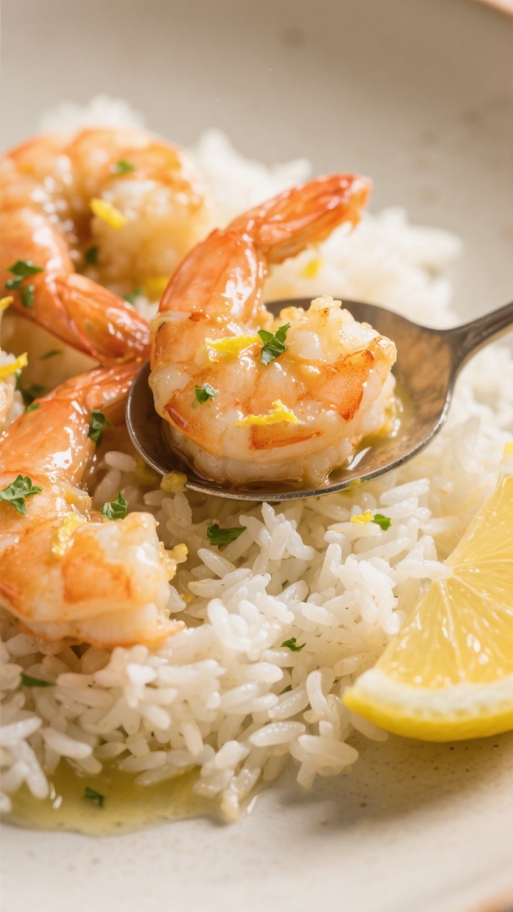 Final dish close-up: Close-up of lemon butter shrimp spooned over fluffy jasmine rice, each grain di