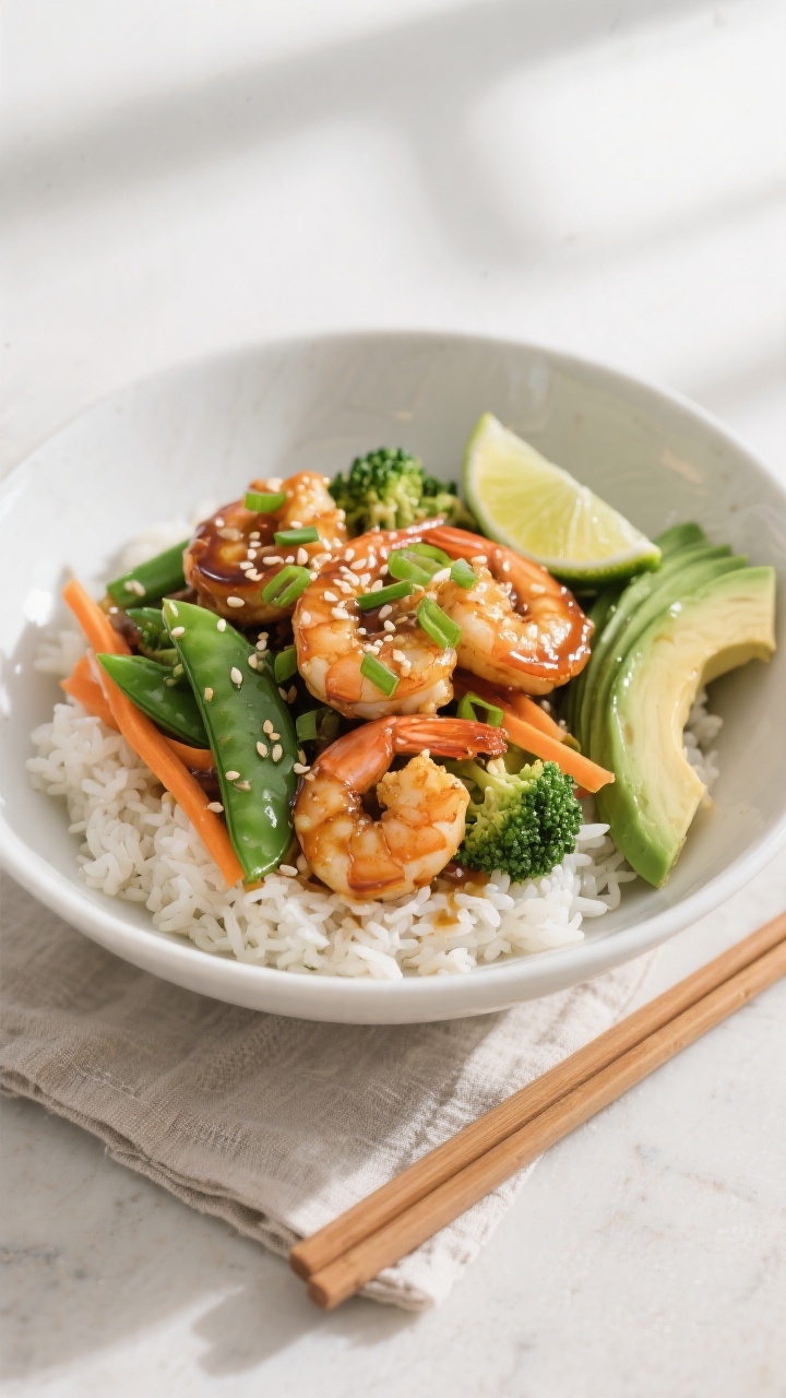 Final dish, plated presentation: Honey Garlic Shrimp Bowl arranged in a wide white ceramic bowl—fl