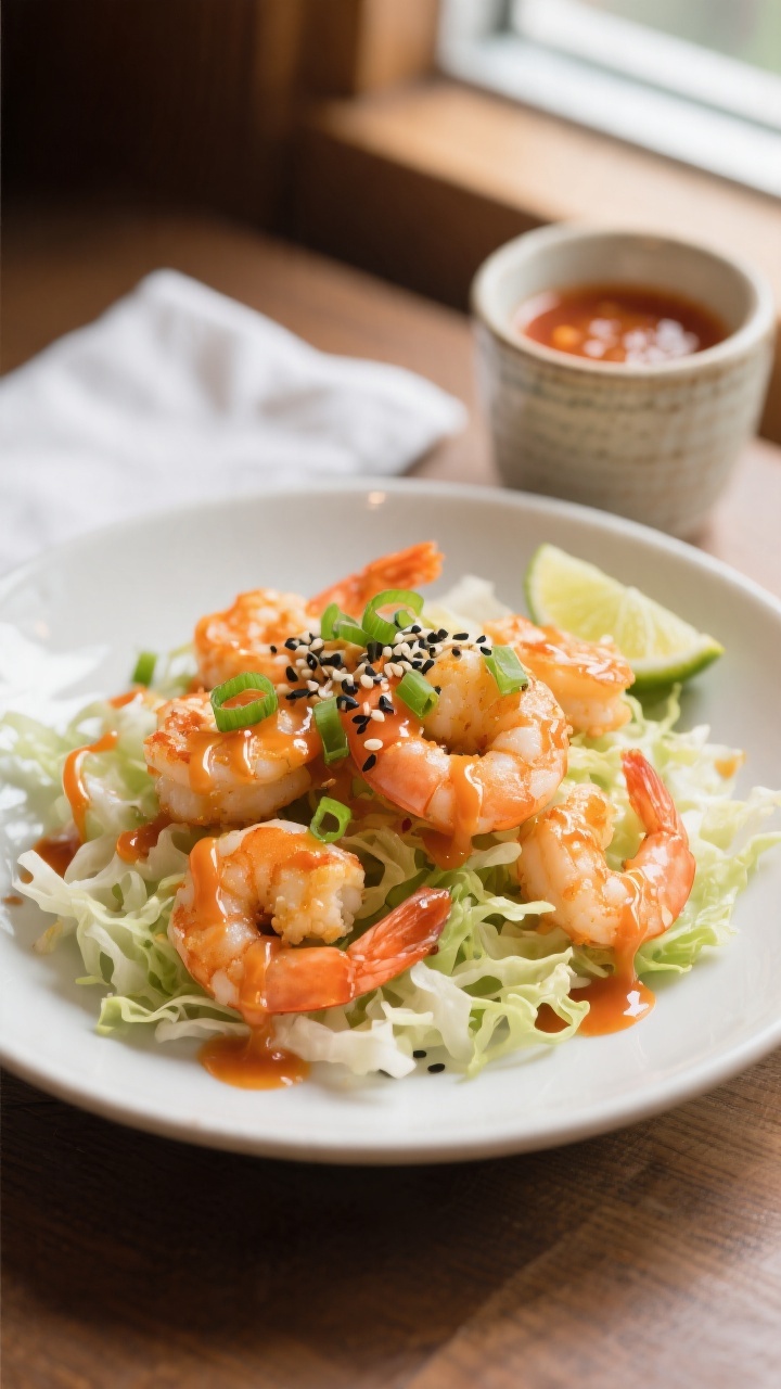 Final dish presentation: Restaurant-quality plate of Bang Bang Shrimp arranged over a bed of finely 