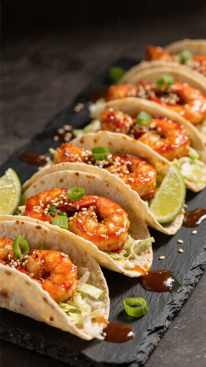 Final dish presentation: Restaurant-quality plate of Honey Sriracha Shrimp tacos—warm tortillas fi