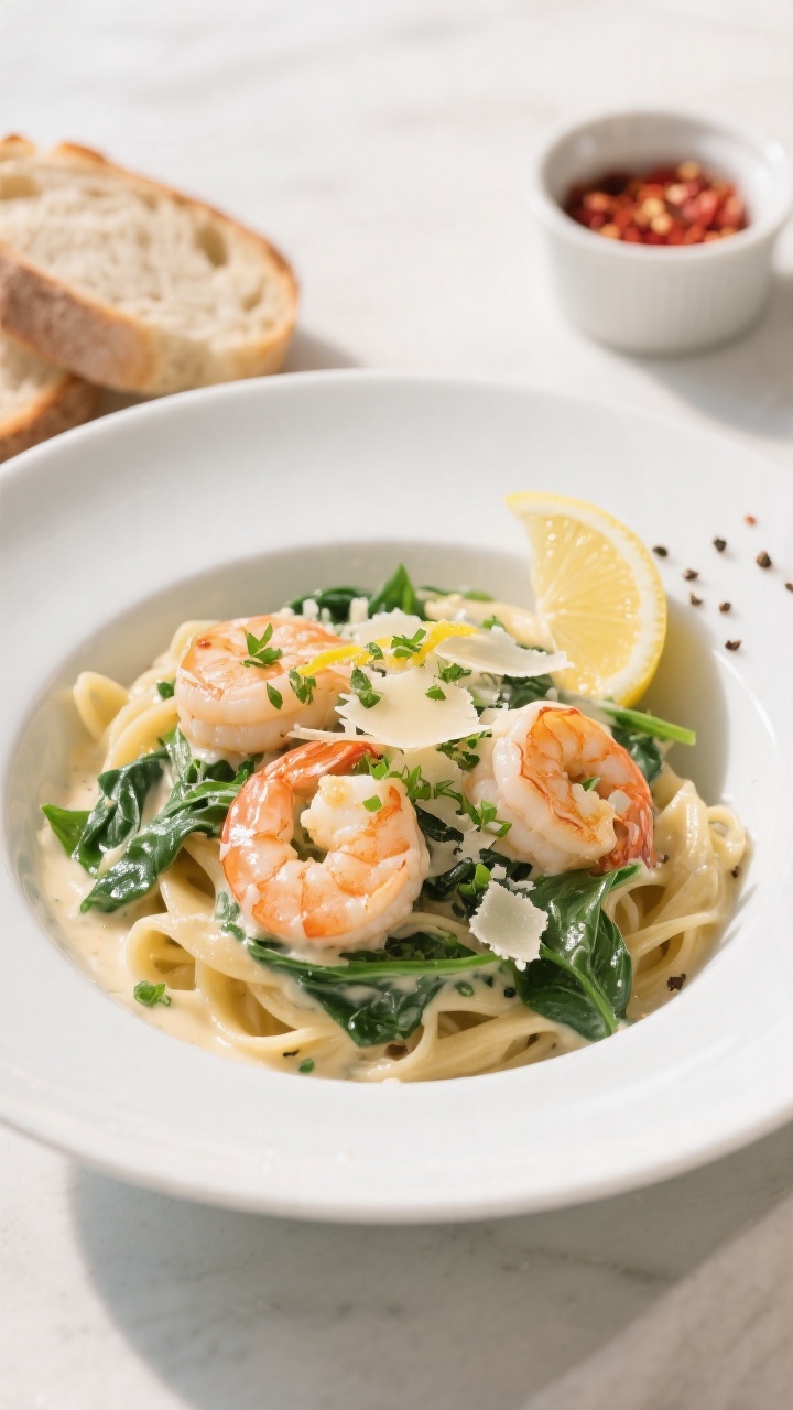 Final dish presentation: Restaurant-quality plated Creamy Shrimp Spinach Skillet served in a wide, s