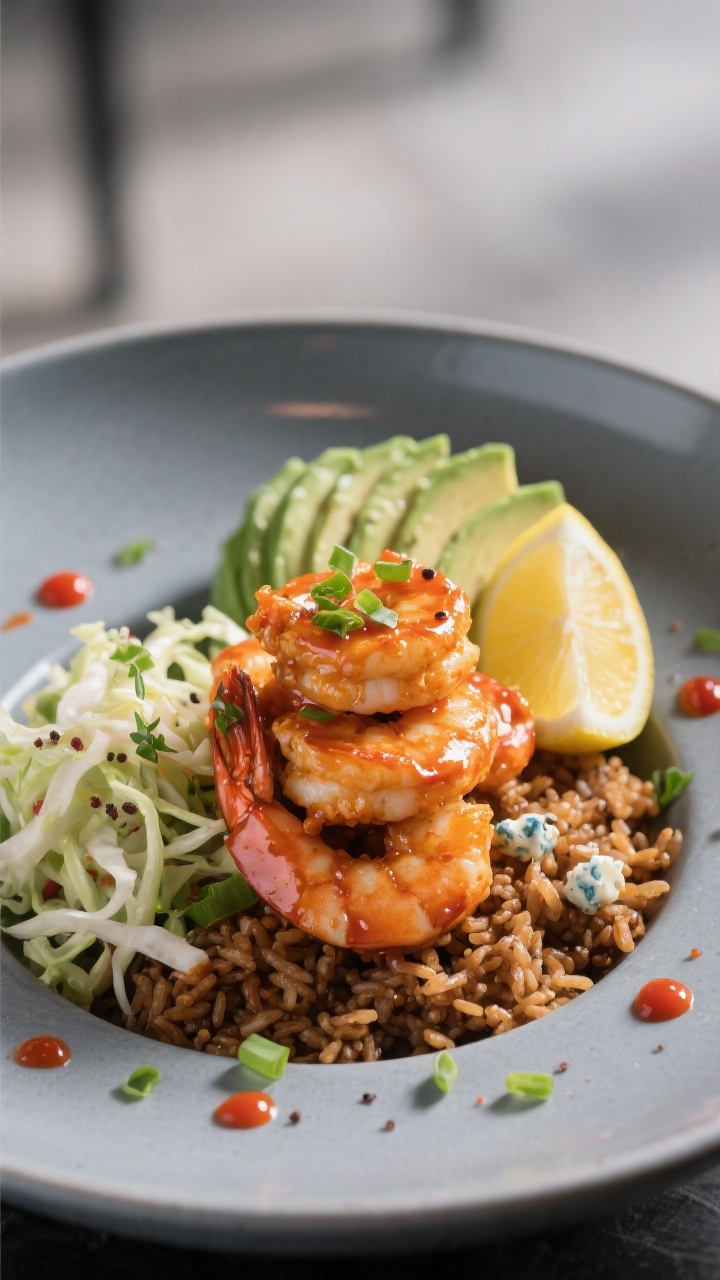 Final dish, restaurant-style presentation: Beautifully plated Buffalo Shrimp Bowl on warm brown rice