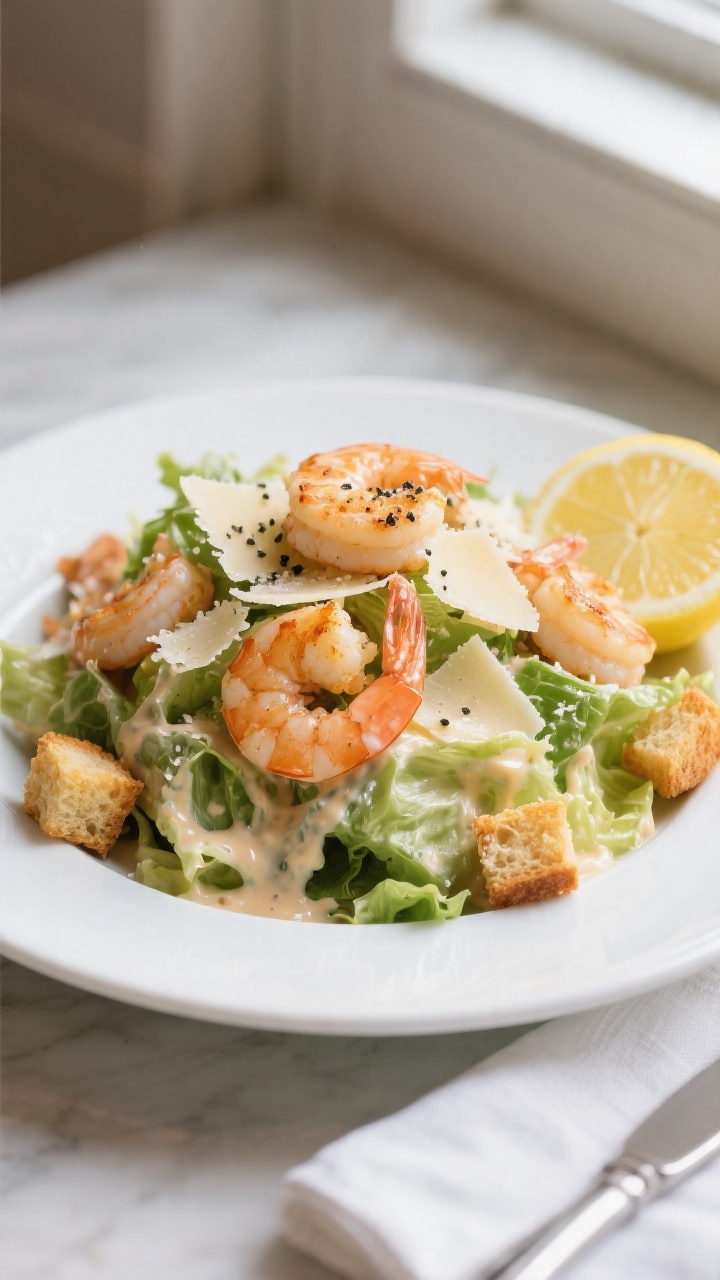 Final plated beauty shot: Warm Shrimp Caesar Salad piled high on a wide white rimmed plate, glossy c