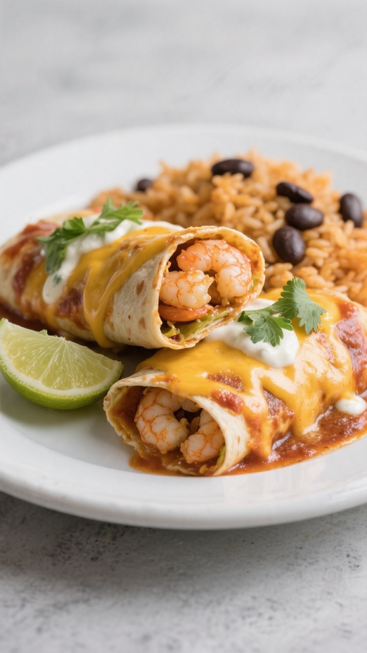 Final plated beauty: Two shrimp enchiladas on a white ceramic plate, sauced and topped with stretchy