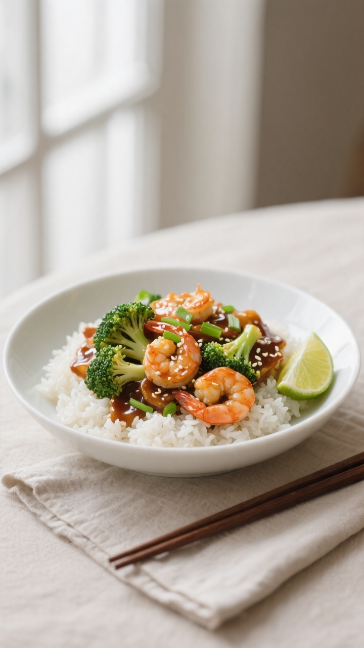 Final plated dish: Beautifully plated shrimp and broccoli stir fry over fluffy jasmine rice in a wid
