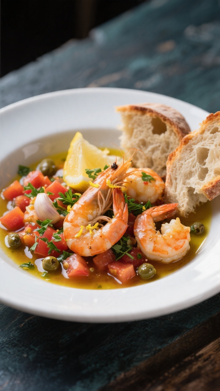 Final plated dish beauty: Mediterranean garlic shrimp plated in a wide, shallow white bowl with a gl