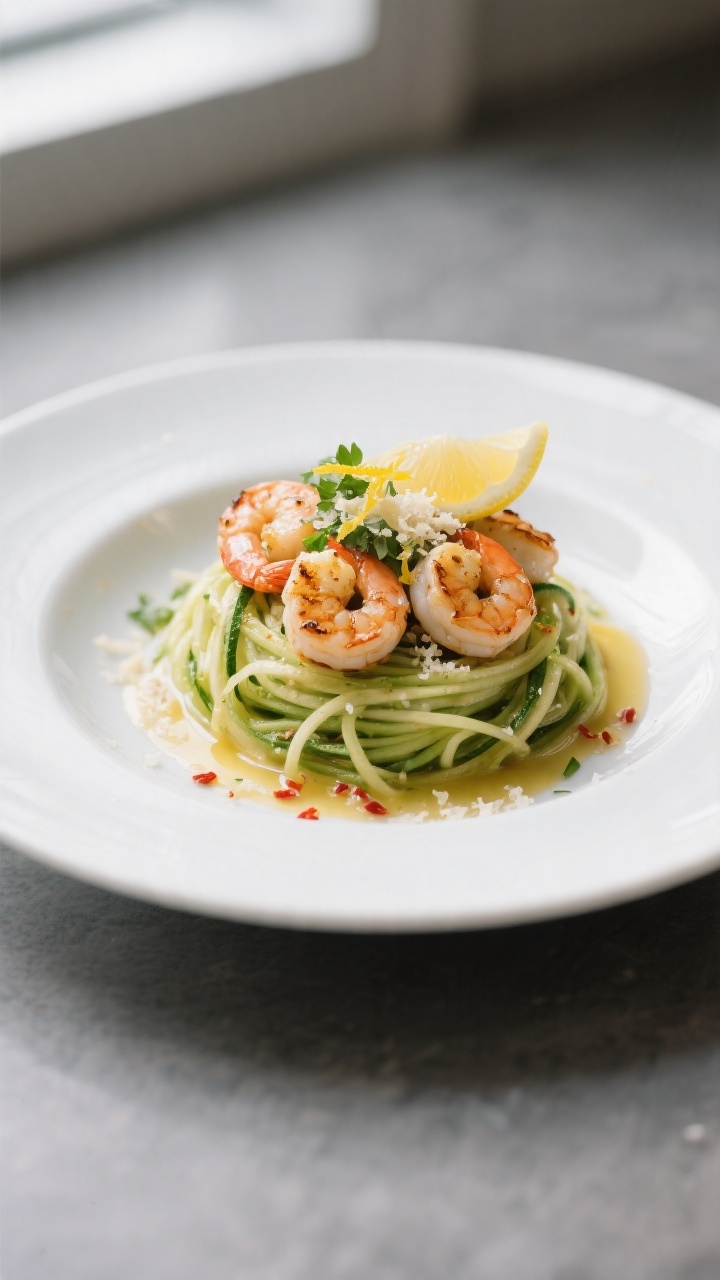 Final plated dish — Bistro-style presentation: Beautifully plated Garlic Butter Shrimp Zoodles twi