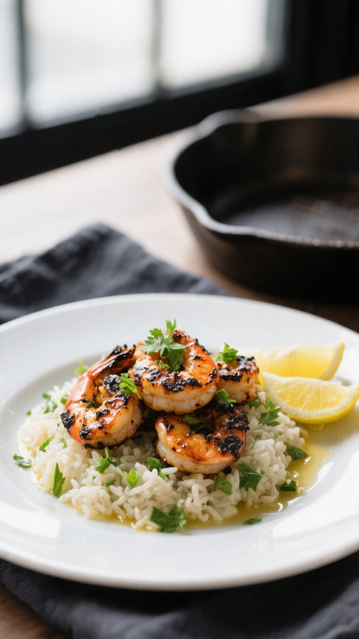 Final plated dish, restaurant-quality: Blackened shrimp piled over cilantro-lime rice on a matte whi