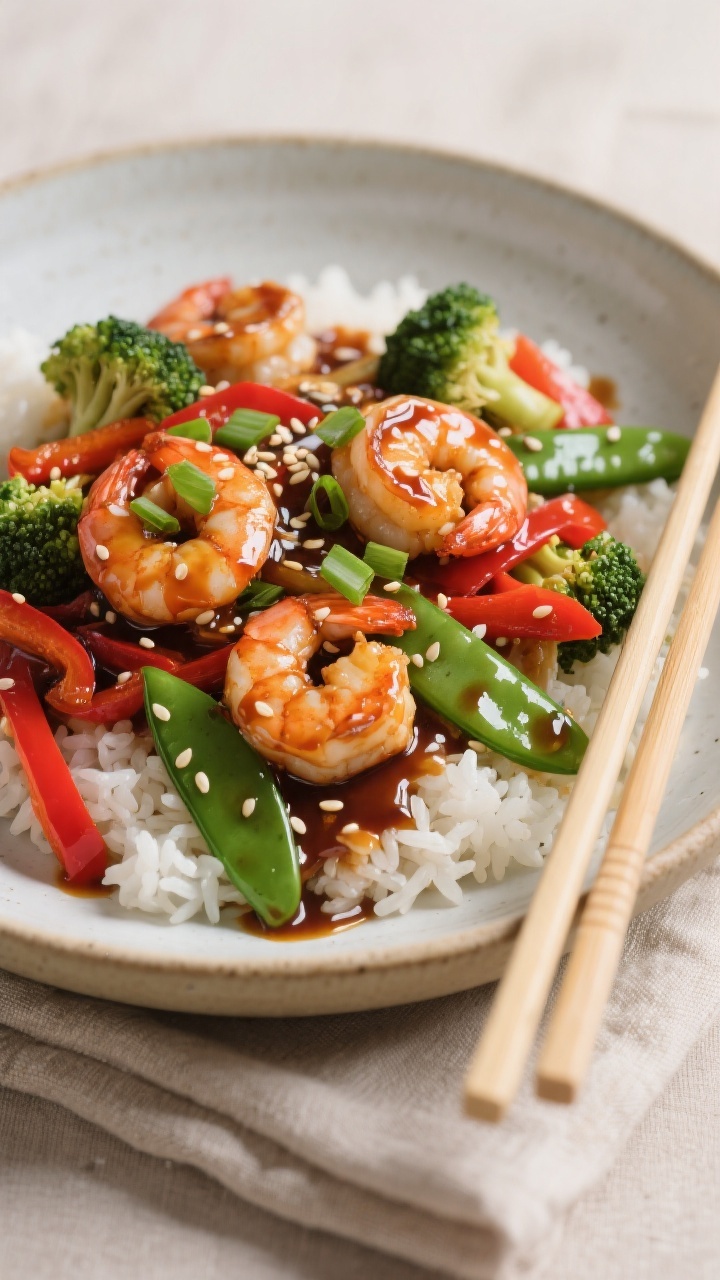 Final plated dish, restaurant-quality presentation: Teriyaki shrimp stir fry served over fluffy whit