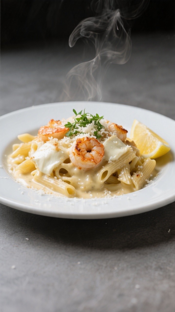 Final plated dish: Restaurant-quality presentation of a generous scoop of Shrimp Alfredo Bake on a w