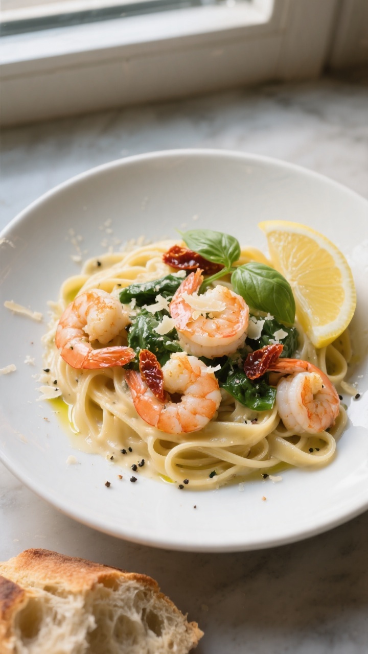 Final plated dish, restaurant-quality presentation: Creamy Tuscan Shrimp spooned over al dente fettu